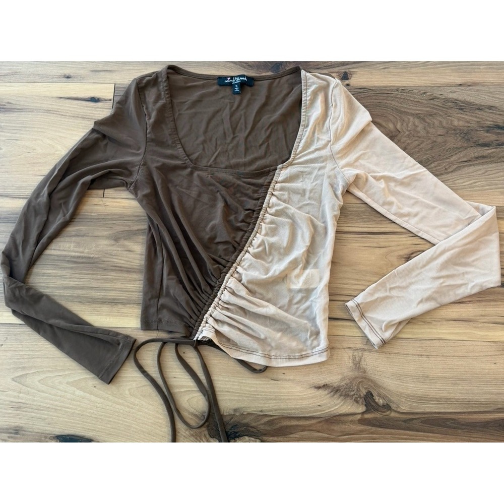 Mixed Threads One Shoulder Top Brown Beige Mesh Semi Sheer Asym Ruched Tie Y2K S